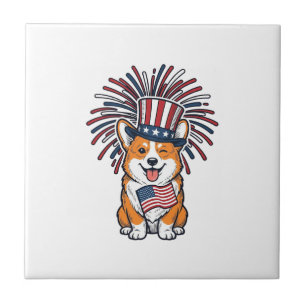 Patriotic Corgi Fireworks Dog Vector Design_1 Ceramic Tile
