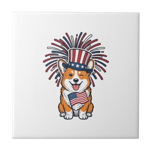 Patriotic Corgi Fireworks Dog Vector Design_1 Ceramic Tile (Front)