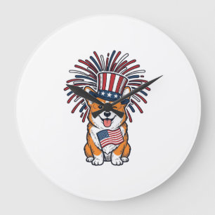 Patriotic Corgi Fireworks Dog Vector Design_1 Large Clock