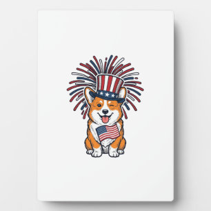 Patriotic Corgi Fireworks Dog Vector Design_1 Plaque