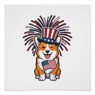 Patriotic Corgi Fireworks Dog Vector Design_1 Poster