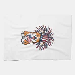 Patriotic Corgi Fireworks Dog Vector Design_1 Tea Towel