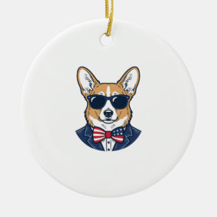 Patriotic Corgi Sunglasses Vintage Vector Art_1 Ceramic Ornament