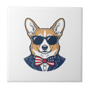 Patriotic Corgi Sunglasses Vintage Vector Art_1 Ceramic Tile
