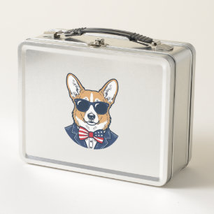 Patriotic Corgi Sunglasses Vintage Vector Art_1 Metal Lunch Box