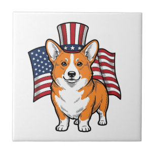 Patriotic Corgi Vintage Engraving Shirt Design_1 Ceramic Tile