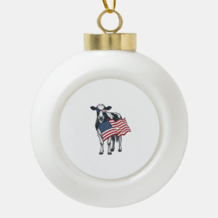 Patriotic Cow American Flag Vintage Engraving Desi Ceramic Ball Christmas Ornament