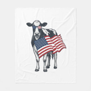Patriotic Cow American Flag Vintage Engraving Desi Fleece Blanket