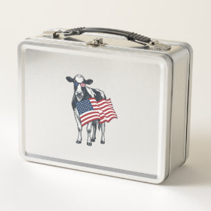 Patriotic Cow American Flag Vintage Engraving Desi Metal Lunch Box