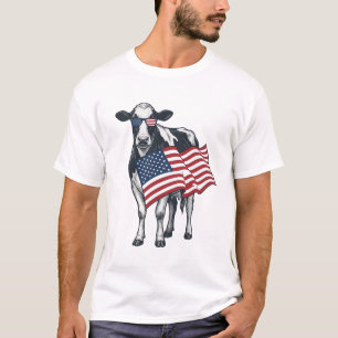 Patriotic Cow American Flag Vintage Engraving Desi T-Shirt