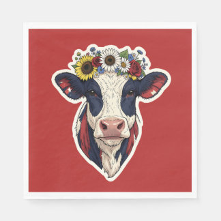 Patriotic Cow Floral Crown 4th of July Napkin
