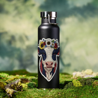 Patriotic Cow Floral Crown 4th of July Water Bottle