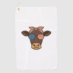 Patriotic Cow Head Sunglasses Vintage Design_1 Golf Towel
