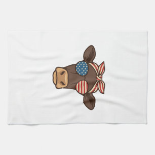 Patriotic Cow Head Sunglasses Vintage Design_1 Tea Towel