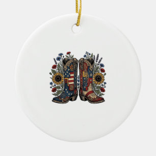 Patriotic Cowboy Boots Sunflower Floral Shirt Desi Ceramic Ornament