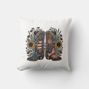 Patriotic Cowboy Boots Sunflower Floral Shirt Desi Cushion