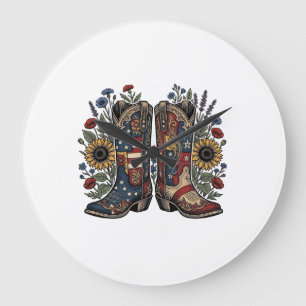 Patriotic Cowboy Boots Sunflower Floral Shirt Desi Large Clock