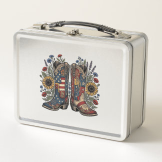 Patriotic Cowboy Boots Sunflower Floral Shirt Desi Metal Lunch Box