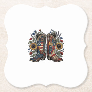 Patriotic Cowboy Boots Sunflower Floral Shirt Desi Paper Coaster