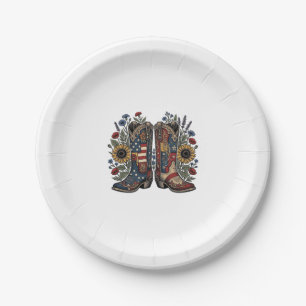 Patriotic Cowboy Boots Sunflower Floral Shirt Desi Paper Plate