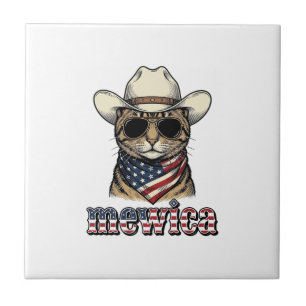 Patriotic Cowboy Cat Mewica Vintage Vector Design_ Ceramic Tile