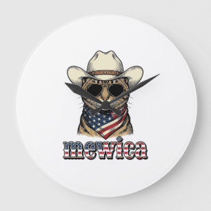 Patriotic Cowboy Cat Mewica Vintage Vector Design_ Large Clock
