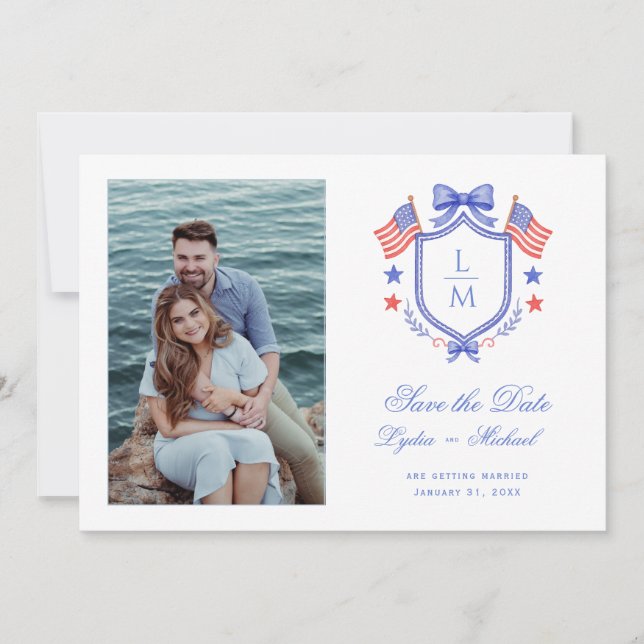 Patriotic Crest w/ US Flags | Monogram Save The Date (Front)