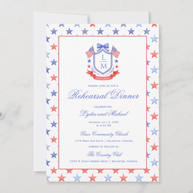 Patriotic Crest w/ US Flags | Rehearsal Dinner Invitation (Front)