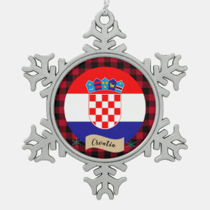 Patriotic Croatia, buffalo plaid, Croatian Flag Snowflake Pewter Christmas Ornament