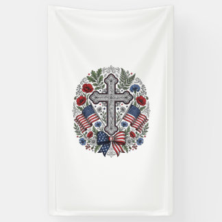 Patriotic Cross Floral Flag Vintage Banner