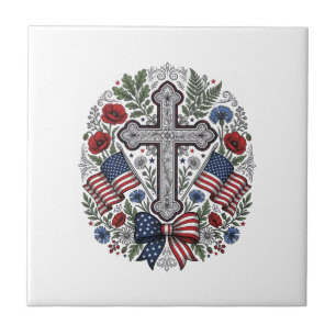 Patriotic Cross Floral Flag Vintage Ceramic Tile