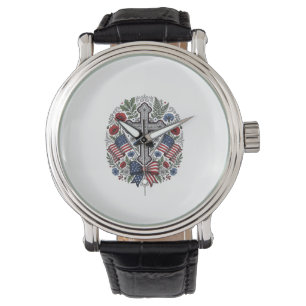 Patriotic Cross Floral Flag Vintage Watch