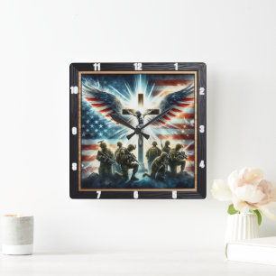Patriotic Cross Military Tribute Square Wall Clock