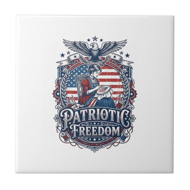 Patriotic Cross Stitcher Vector Graphic Tee_1 Ceramic Tile (Front)