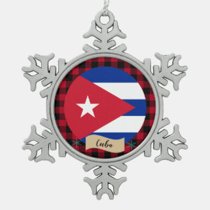 Patriotic Cuba, Red buffalo plaid, Cuban Flag Snowflake Pewter Christmas Ornament