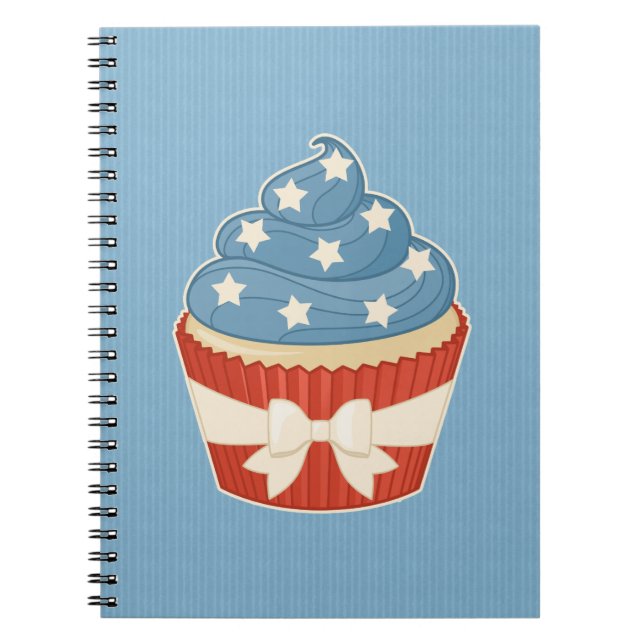 Patriotic Cupcake on Blue Stripes Notebook (Front)