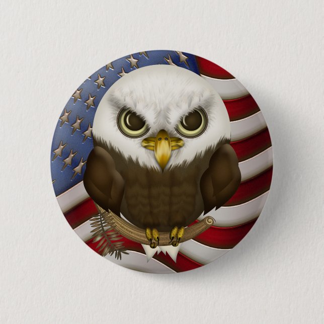 Patriotic Cute Bald Eagle And US Flag 6 Cm Round Badge (Front)