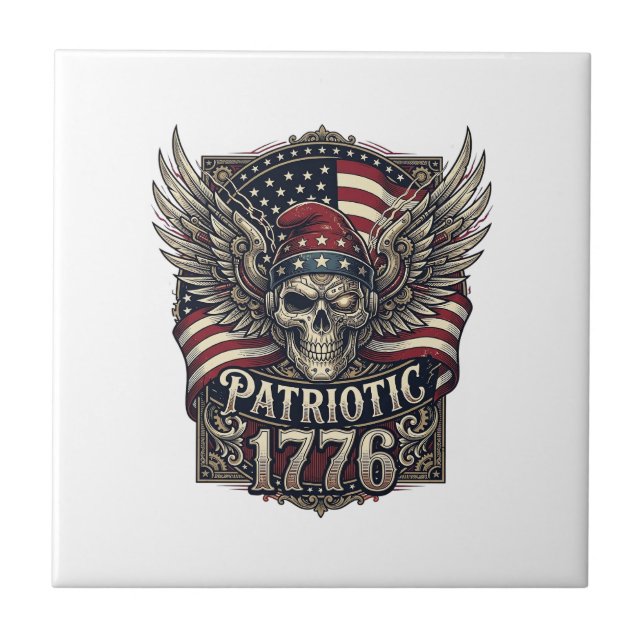 Patriotic Cyber Liberty Skull Cyberpunk Future Fre Ceramic Tile (Front)