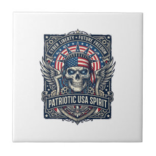 Patriotic Cyber Liberty Skull Cyberpunk Future Fre Ceramic Tile