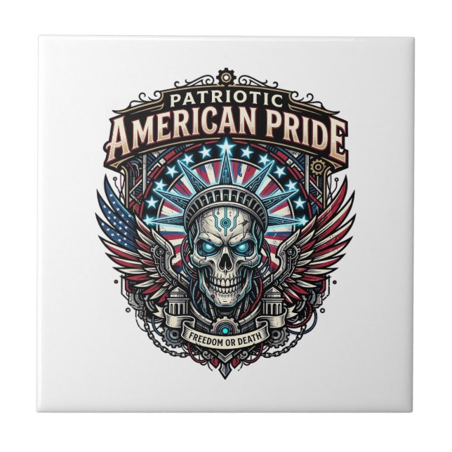 Patriotic Cyber Liberty Skull Cyberpunk Future Fre Ceramic Tile (Front)