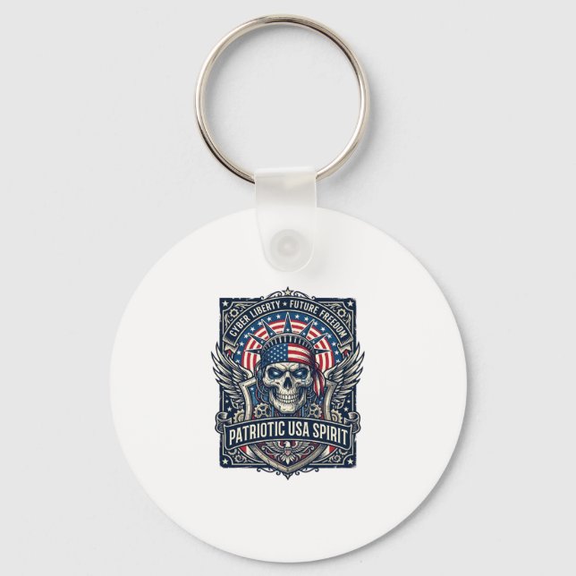 Patriotic Cyber Liberty Skull Cyberpunk Future Fre Key Ring (Front)