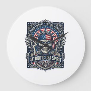 Patriotic Cyber Liberty Skull Cyberpunk Future Fre Large Clock
