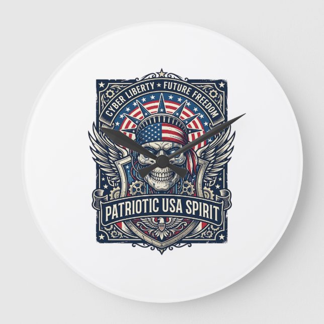 Patriotic Cyber Liberty Skull Cyberpunk Future Fre Large Clock (Front)