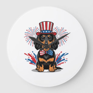 Patriotic Dachshund Fireworks Vintage Vector Art_1 Large Clock