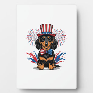 Patriotic Dachshund Fireworks Vintage Vector Art_1 Plaque