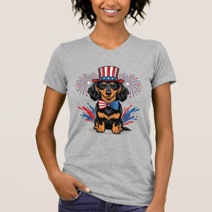Patriotic Dachshund Fireworks Vintage Vector Art_1 T-Shirt