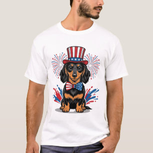 Patriotic Dachshund Fireworks Vintage Vector Art_1 T-Shirt