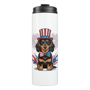 Patriotic Dachshund Fireworks Vintage Vector Art_1 Thermal Tumbler