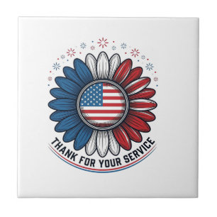 Patriotic Daisy Thank For Your Service Shirt Desig Ceramic Tile