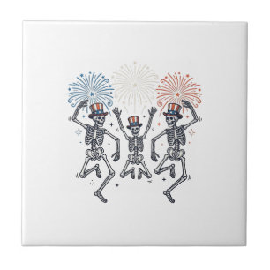 Patriotic Dancing Skeleton Fireworks Vintage Shirt Ceramic Tile